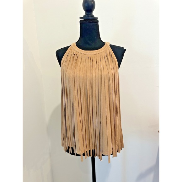 Pacific Womens Medium Tan Sleeveless Faux Suede Fringe Top Shirt - Picture 1 of 5